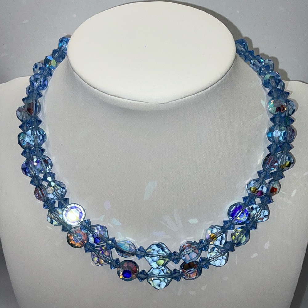 Vintage blue aurora borealis crystal double-strand necklace - Picture 4 of 6